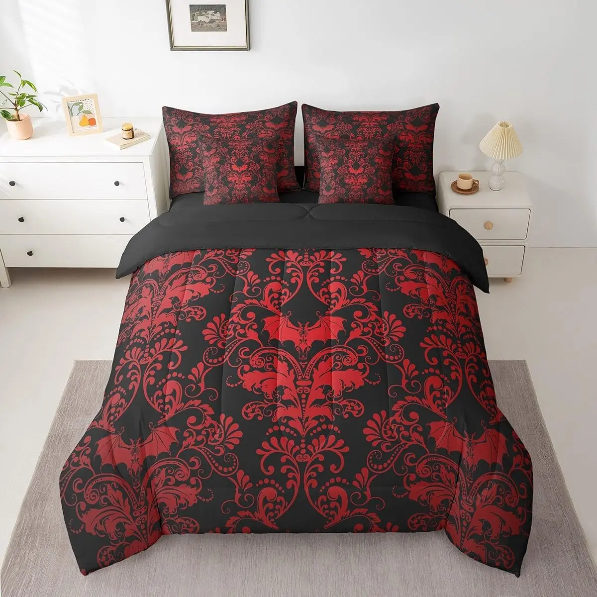 Feelyou 7-Piece Gothic Damask Comforter Bed-in-a-Bag, Red Black Victorian Floral Goth Bedding with Halloween Bat Design, Soft Microfiber Household Quilt Set, Halloween Decorations, Dark Aesthetic Combo Bedding Sets Collections