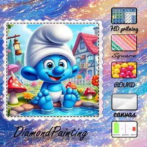 5D-DIY, advanced velvet canvas, diamond art, diamond painting kit, Smurfs, stream water, mushroom house AB diamonds, fairy diamonds, crystal diamonds, perfect home decor, handmade diamond art painting kit, special craft diamond art kit.