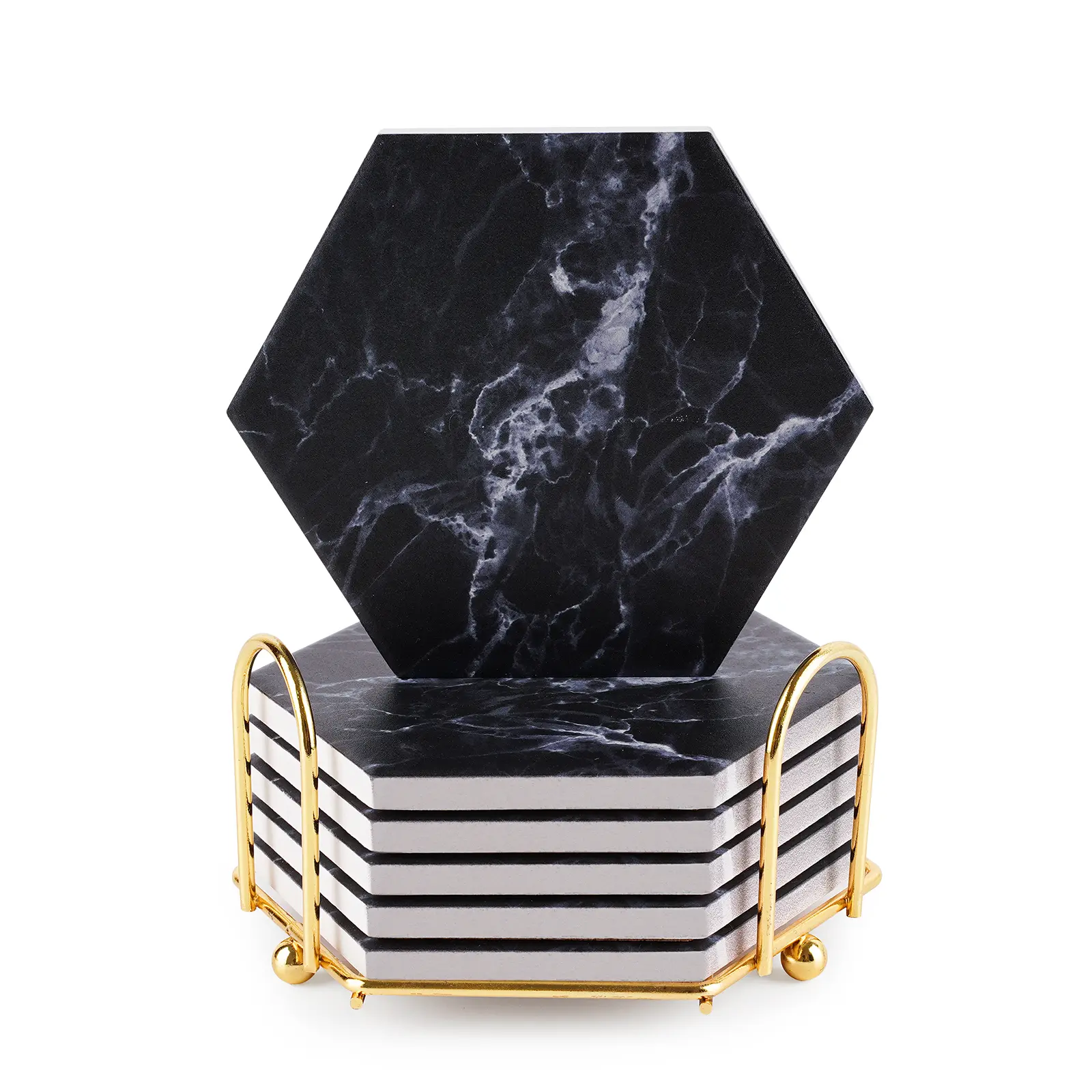 Black Marble Ceramic Hexagonal Coasters Set - 4 in, Gilt Print, Gold Metal Holder, Anti-Slip Fast-Absorbing Cork Back, Coasters for Drinks, Home Bar Accessories, Compatible with Plastic, Silicone Drinkware, Kitchen Decor, Birthday Gift Option
