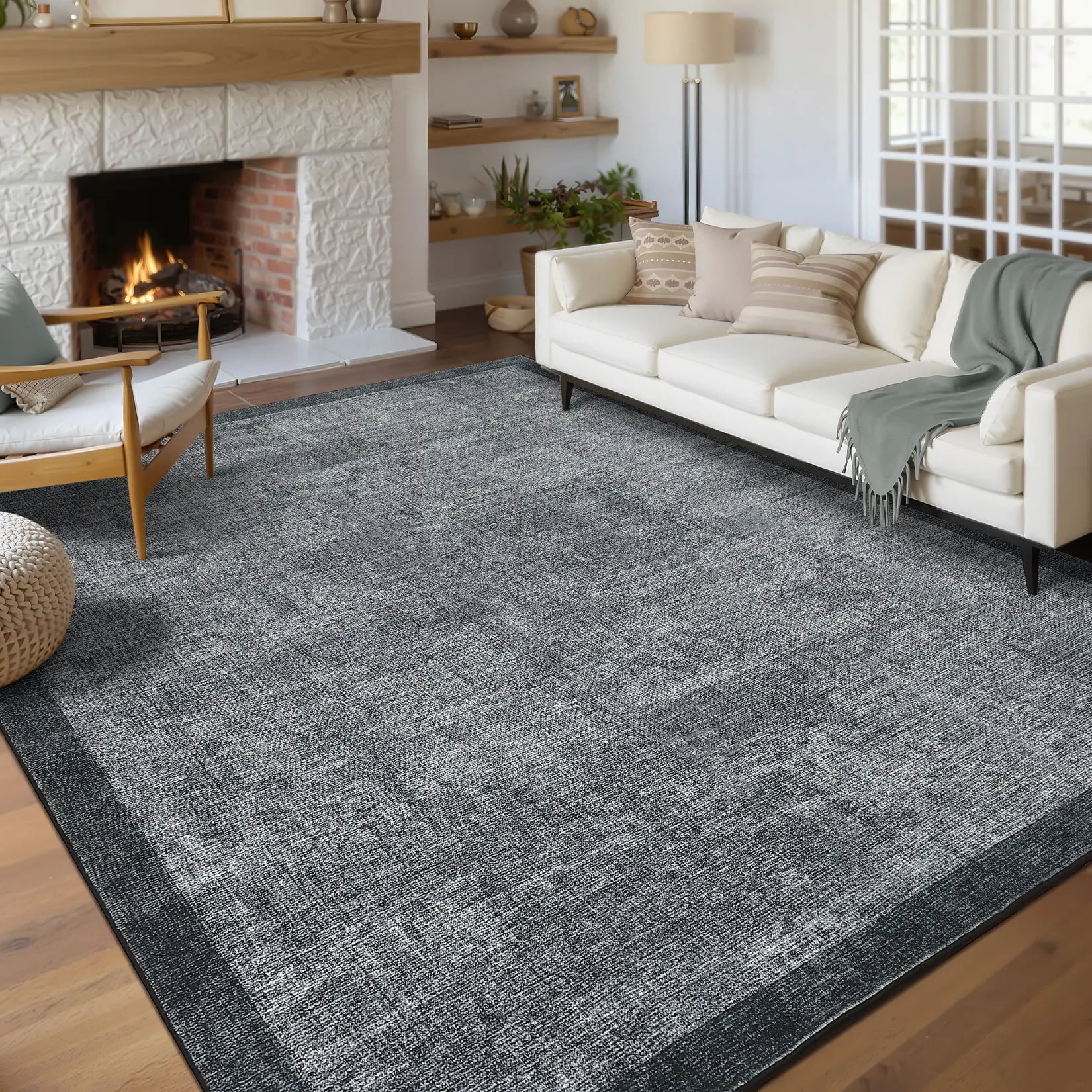 Modern Solid Color Carpet Soft Non-slip Washable Area Carpet with Printed Border Low-pile Foldable Decorative Carpet for Entryways Bedrooms Cafes Restaurants Game Rooms