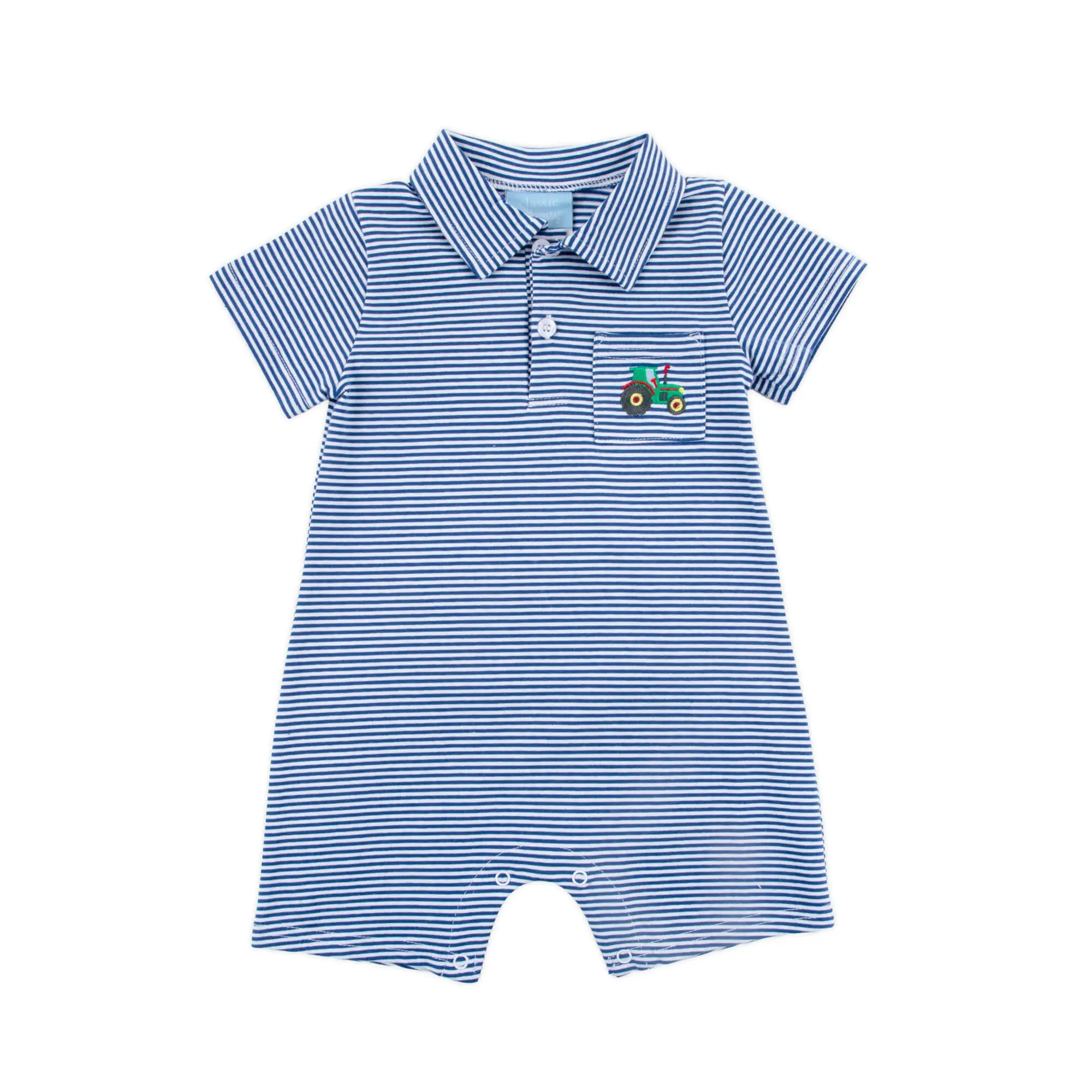 Tractor Navy Stripe Polo Romper - Soft Knit 1Pc Outfit for Little Boys