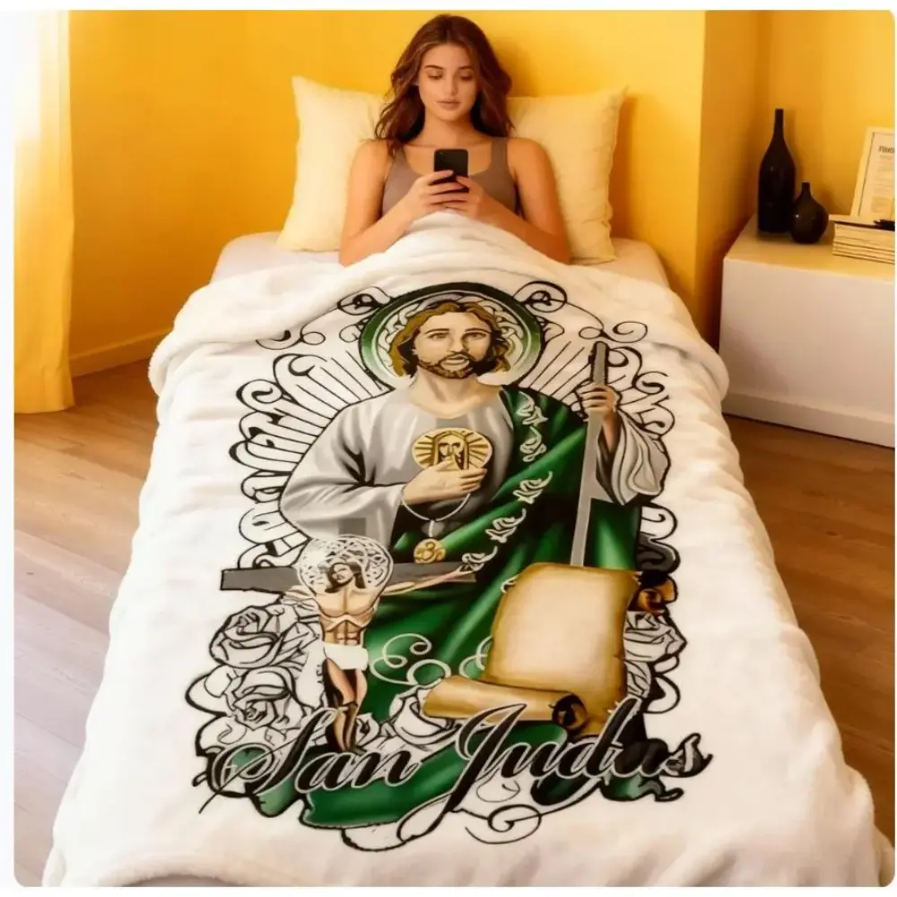 Fluffy Sacred San Judas & Cross Scene Throw Blanket, Cozy Christian Decorative Giftable Blanket, Bed Accessories for Bedroom Relaxation, Textile Home Accent, Decorative Giftable Blankets
