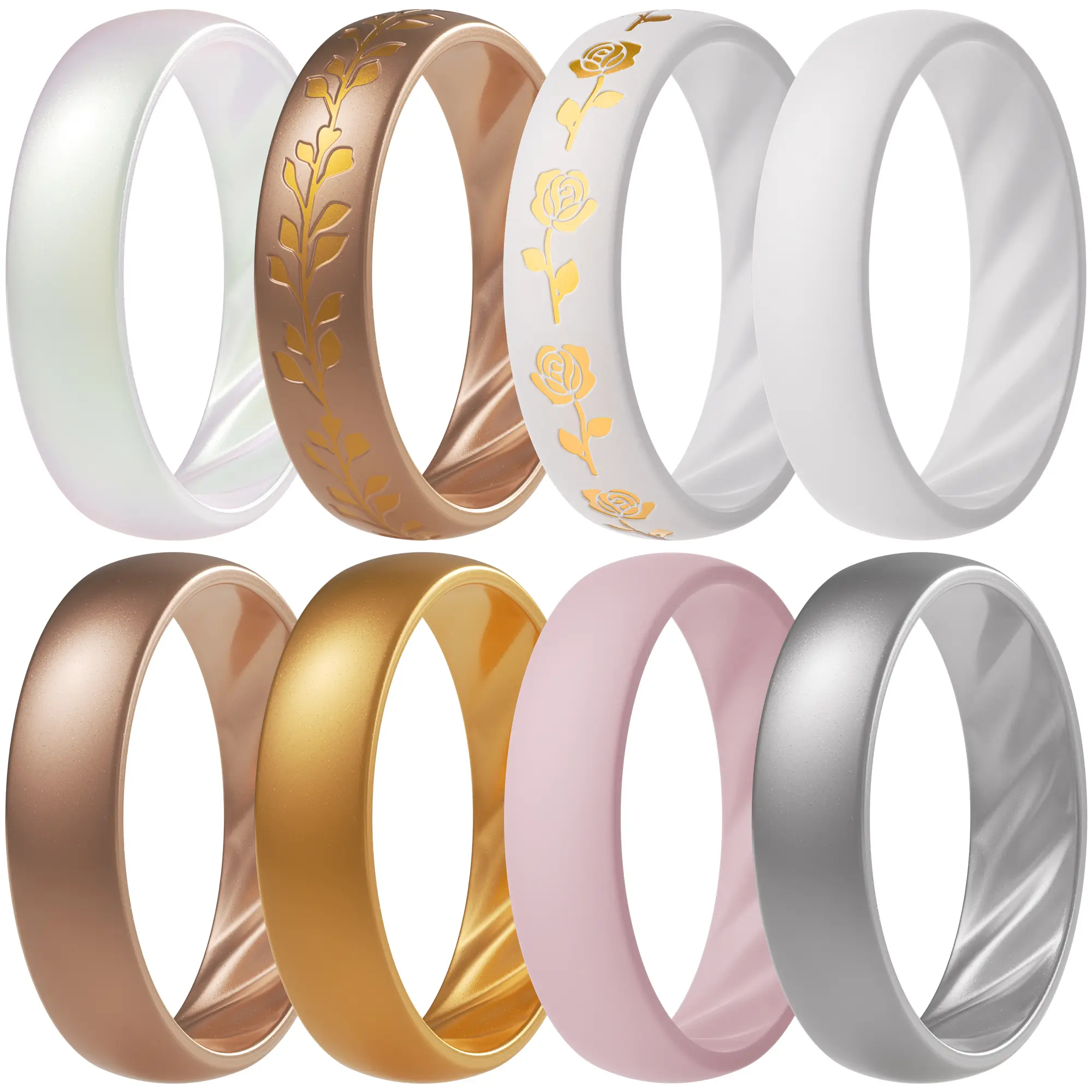 ThunderFit Silicone Ring Wedding Bands for Women, Promise Rings with Elegant Wavy Grooves, 6mm Wide, 2mm Thick, Breathable, Women's Rubber Engagement Rings, 4/8 Variety Multipack