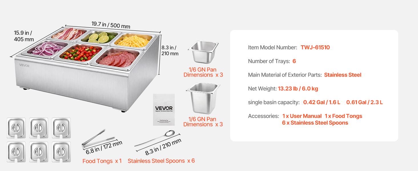 VEVOR Countertop Food Serving Display Container, Stainless Steel Food Salad Server Tray, Buffet Condiment Dispenser, Ice Cooled Rack with Separate Lid, for Restaurant Hotel Kitchen Party (6x1/6 Pan)
