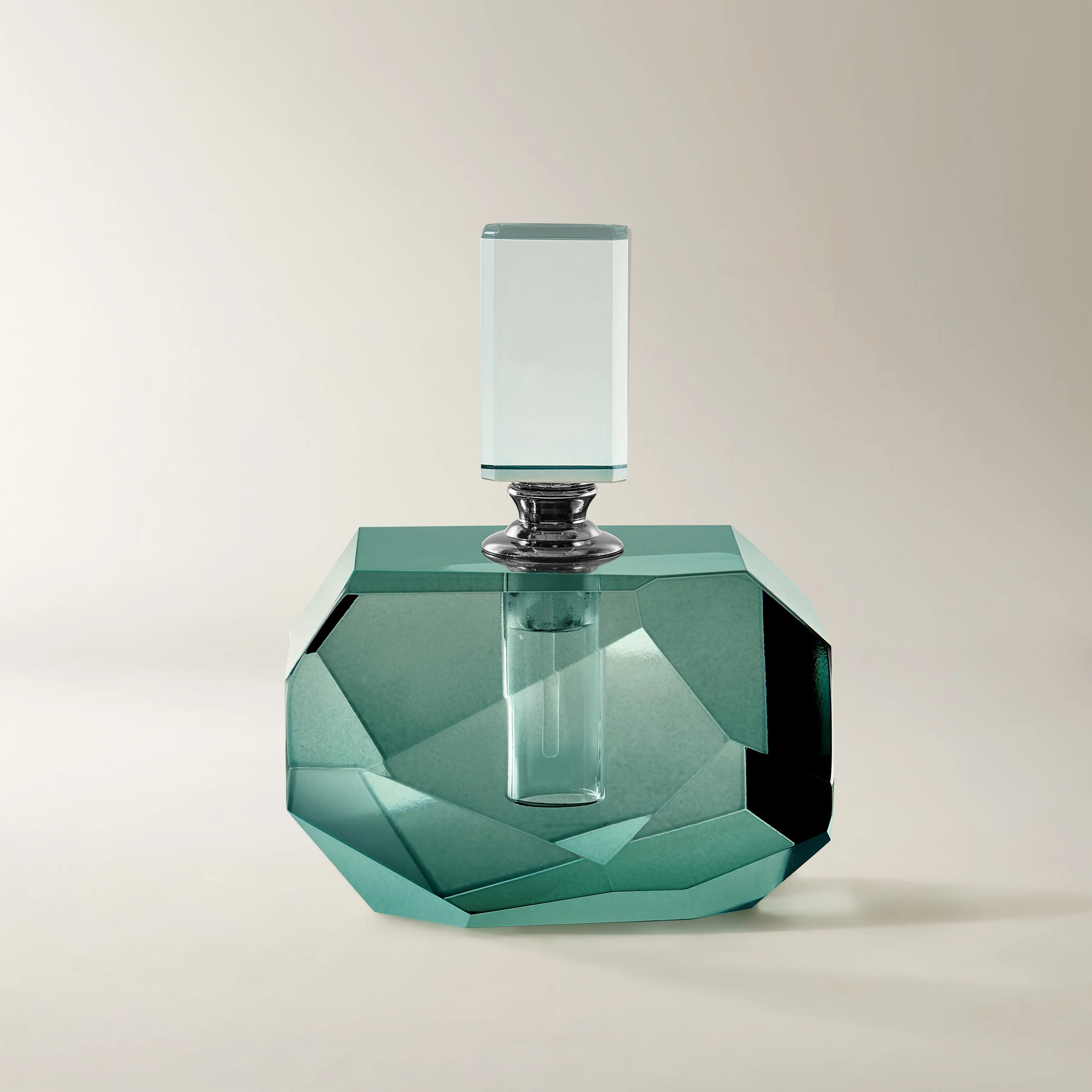 Z Gallerie Marni Light Crystal Glass Perfume Bottle - Elegant Blue Faceted Metal Decor, Beauty & Personal Care Makeup Tools Display Piece with Teal Glow, Faceted Base, Jewelry Storage, Nightstand Accessory, Gift Box Included, Weighty, Display Vessel, Soft