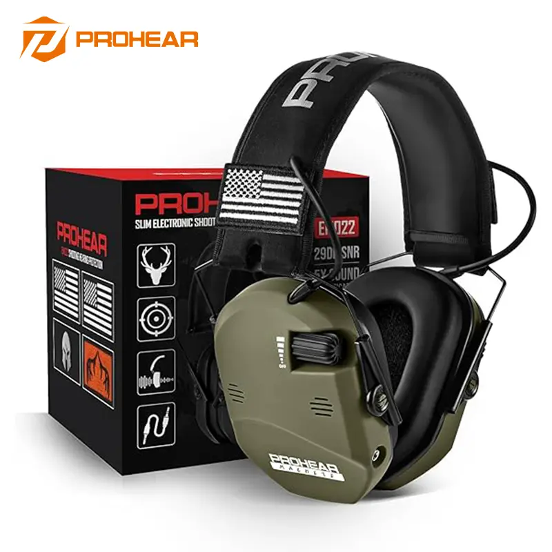 PROHEAR 022 Foldable Electronic Safety Earmuffs, Over-Ear Design with 29dB Noise Reduction, 5X Amplification, 4 Mics, and 3.5mm AUX Jack for Shooting & Hunting, 29Db Reduction