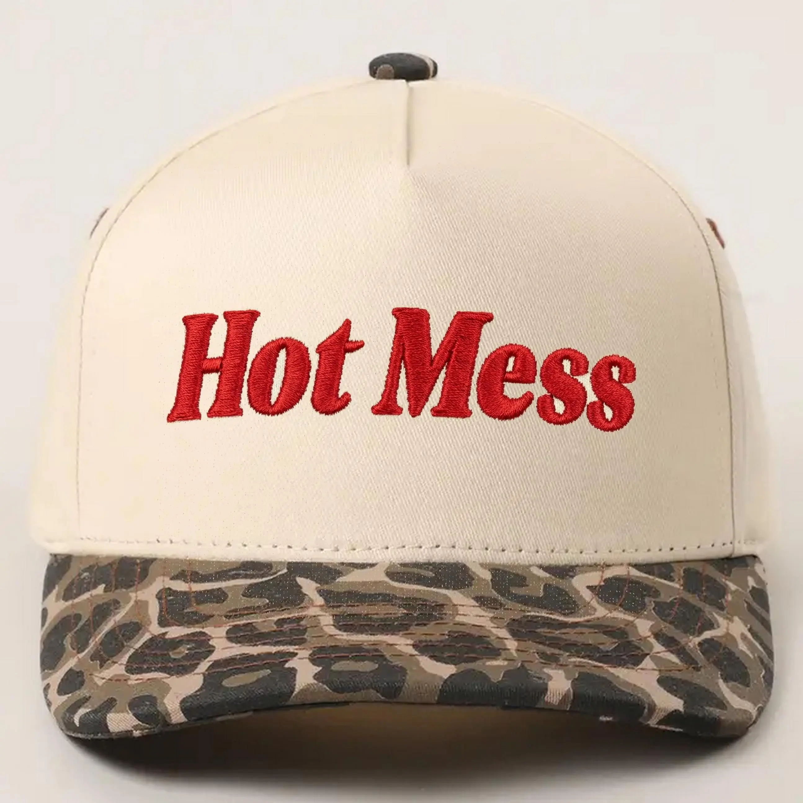 Trucker Hat Hot Mess Embroidered Baseball Cap Leopard Print Brim Y2K Aesthetic Retro Streetwear Women's Funny Sassy Hat Cream Khaki Animal Print Western Cowgirl Vibe Summer Beach Va