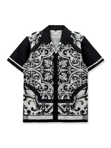 Vintage Classic Floral Print Blouse, Symmetrical Art Design, Casual Summer Style Fitted Shirt, Short Sleeve, Hawaiian Style, Perfect for Daily Wear, Top