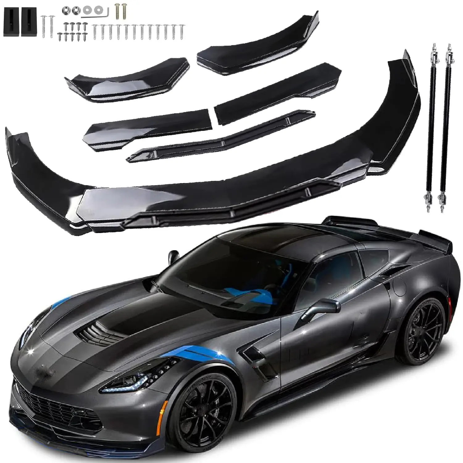 Adjustable A Style Front Bumper Lip Chin Splitter Spoiler Air Dam Fit 66.9"-76.7" Width Cars + 2Pcs Adjustable 8"-11" Front Splitter Rods Fit For Dodge Charger/Nissan/Cruze/Malibu/Civic/Toyota/Altima , Glossy Black W/Red