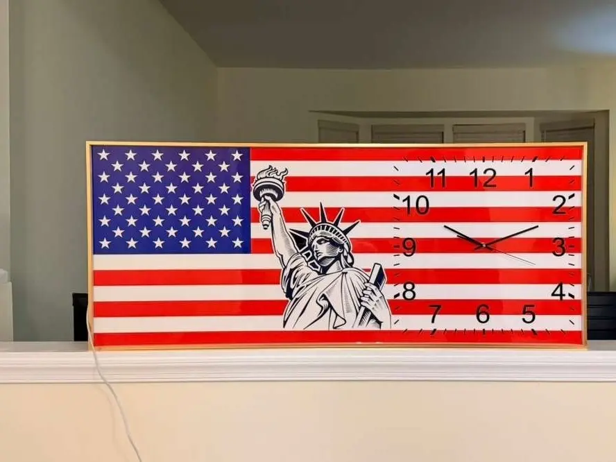 Large American Flag Wall Clock 49x21 Liberty Statue Analog Aluminum Frame