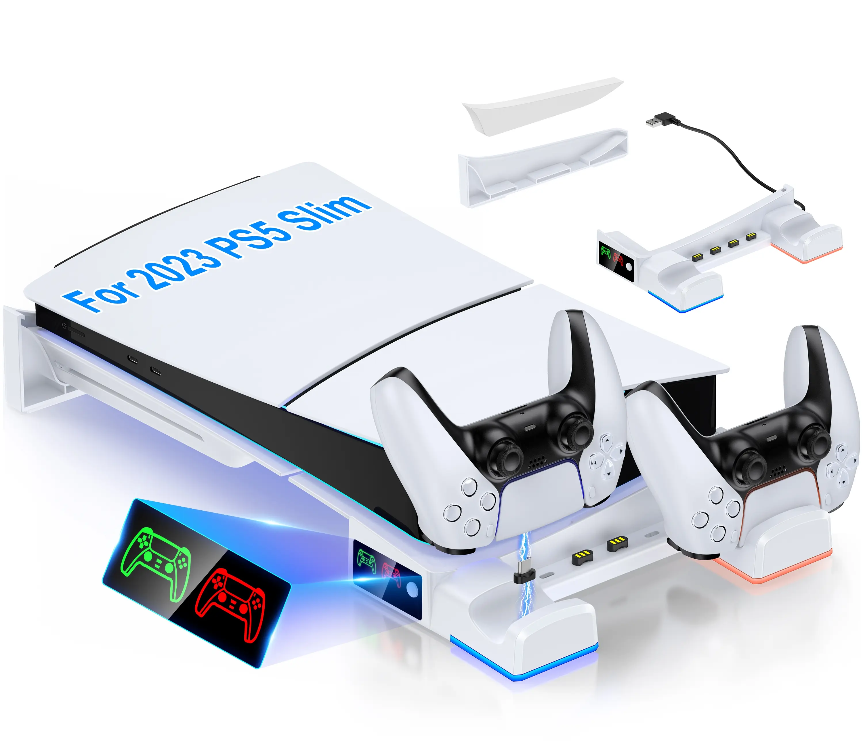 Horizontal Safety Stand for PS5 Pro / PS5 Slim Digital & Disc Edition with Cool lights, Non-Slip Bracket Base Accessories with 4-Port USB Ports, White