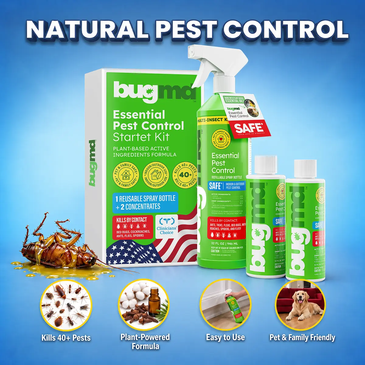BugMD Essential Pest Control Concentrate – Natural Ant, Roach, Spider Killer for Indoor & Outdoor Use with Essential Oils