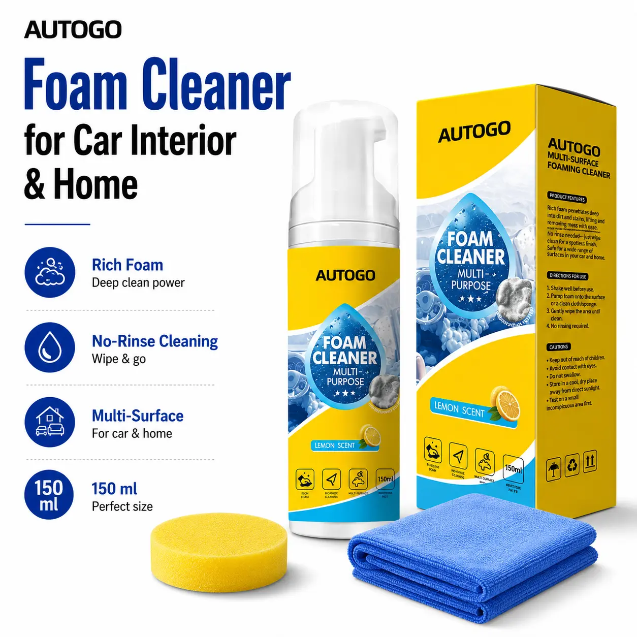 Foam Cleaner for Car Interior & Home – Multi-Surface, Rich Foam, No-Rinse Cleaning, Leather, Plastic, Fabric, 150ml with Sponge & Microfiber Cloth, Lemon Scent