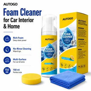 Foam Cleaner for Car Interior & Home – Multi-Surface, Rich Foam, No-Rinse Cleaning, Leather, Plastic, Fabric, 150ml with Sponge & Microfiber Cloth, Lemon Scent