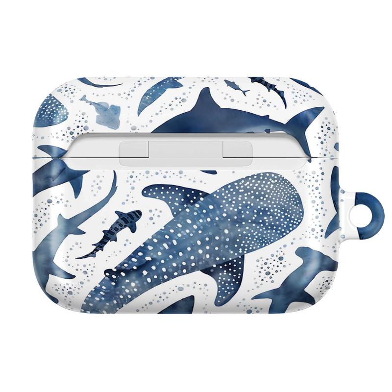 Whale Shark & Ocean Shark AirPods Case – Navy/White Watercolor Sea Life Cover – AirPods Pro/Pro 2, AirPods 1/2/3/4 Case – Nautical Gift for Him & Her