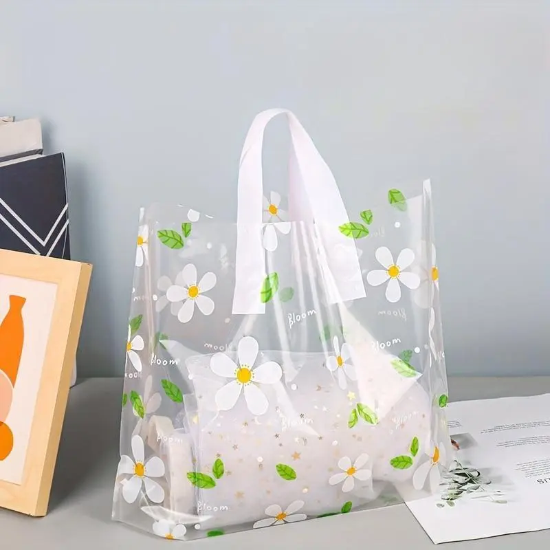 Daisy Flower Pattern Transparent Tote Bag, Plastic Tote Bag, 5 Counts Portable Shopping Bag, Shopping Totes, Gift Bag, Toiletry Bag, Reusable Shopping Bags, Reusable Grocery Bags, Shopping Bags For Groceries