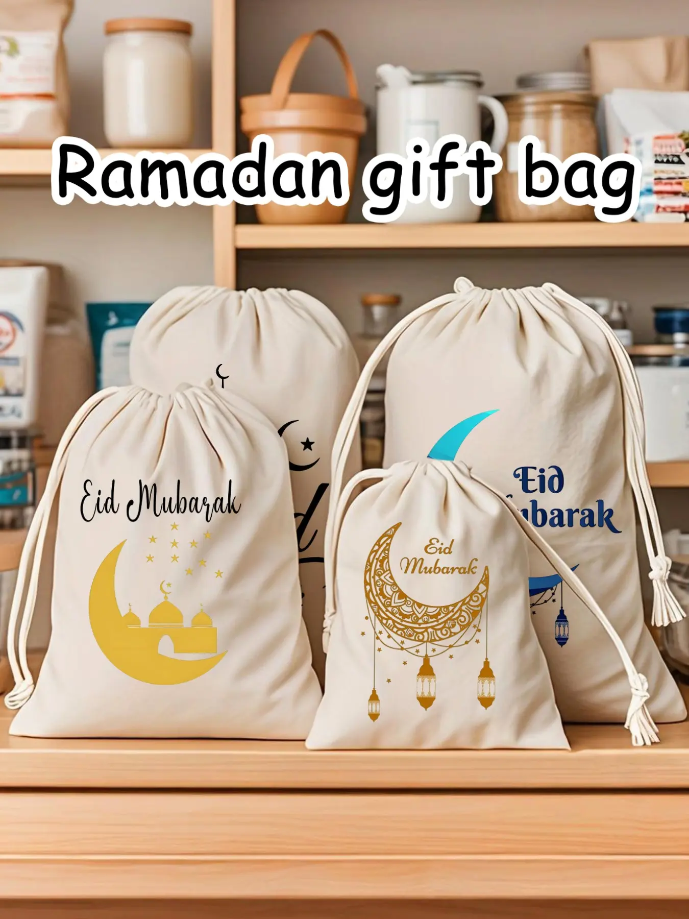 Eid Mubarak Gift Bag Religious Party Favors, Personalized Ramadan Drawstring Pouch, Reusable Candy Snack Storage, Foldable Multifunctional Islamic Festival Present