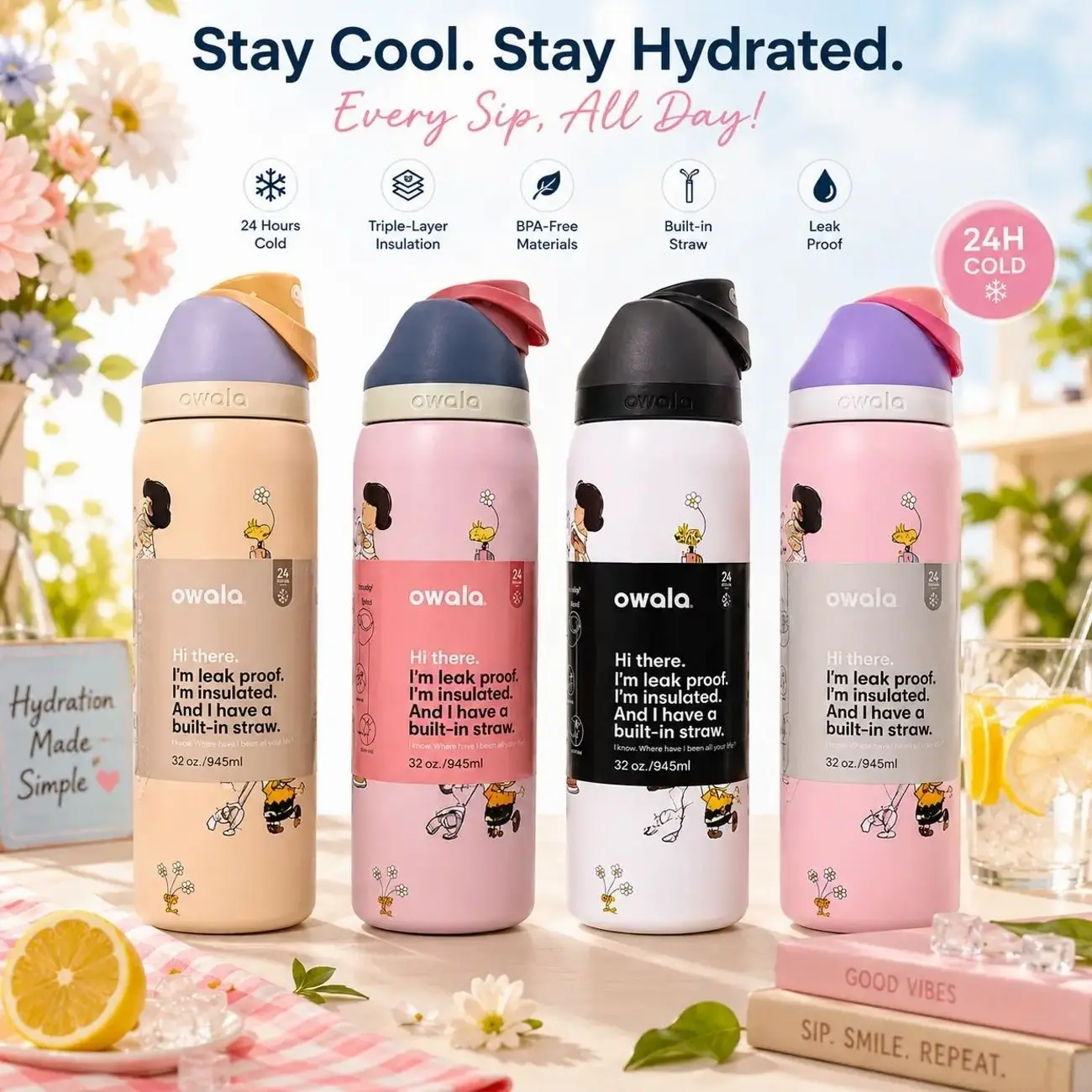 New 2026 summer Owala fullcollection FreeSip 32oz Black and White Cute Insulated Water Bottle, Leakproof Built-in Straw, BPA Free Stainless Steel Cup, 24H Cold 12H Hot Travel Gym Bottle#Owala