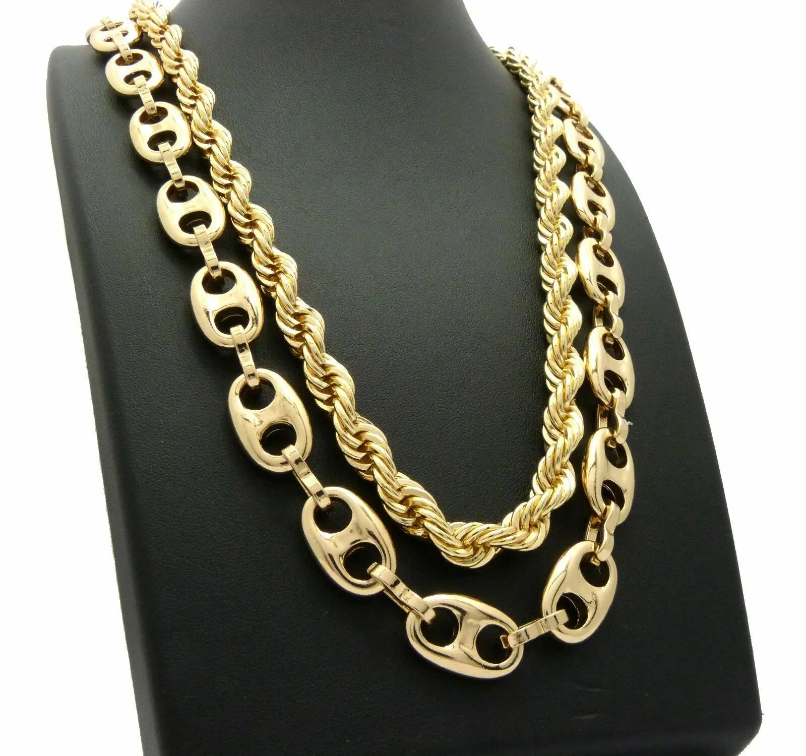 MaxBling81 Necklace Set, 2-Piece Gold Plated Hip Hop 8mm Rope & 12mm Marina Link Chains, 30-Inch Unisex Casual Trendy Jewelry, Gold Chain Detail, Two Piece Set