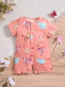 Baby Onesie Cartoon Print Short Sleeve Round Neck Jumpsuit, Newborn Cute All-In-One, Unisex Baby Clothes