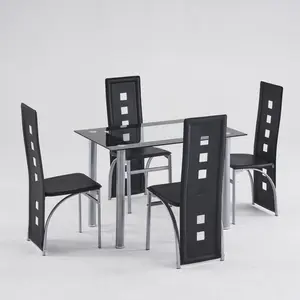 4-Piece PU Leather Dining Chair Set with Long Backrest Modern Kitchen Chairs Black Cushion Electroplated Legs Square Hollow Design Round Tube Frame