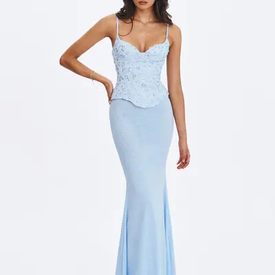 baby blue long dress Elegant Light Blue Straight Neck A-line Satin Applique Long Prom Dress –  RomanBridal main image 0