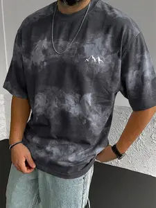 Men's Outdoor Natural Urban Style T-Shirt, Simple Mountain Print Cloud Dye Cotton Top, Casual Streetwear, Loose-Fitting, Short Sleeves