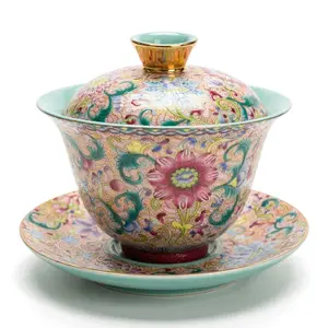 Chinese "Blossoming Prosperity" Famille Rose Gaiwan Set | Hand-Painted Gold Accents |  Ancient Chinese Craftsmanship |  Collector’s Must-Have