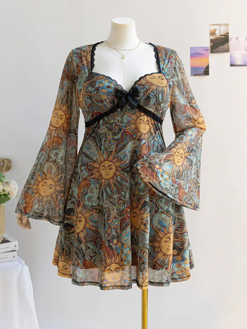 flare sleeve dress 70s Short dress with flared sleeves and 70s print – Indira de paris main image 1