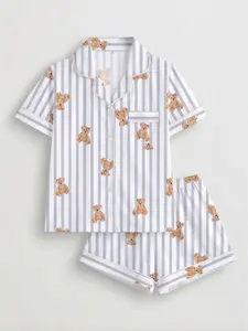 Women's Striped Bear Print Pajama Set, Short Sleeve Button-Up Top & Elastic Shorts, Casual Home Wear for All Seasons
