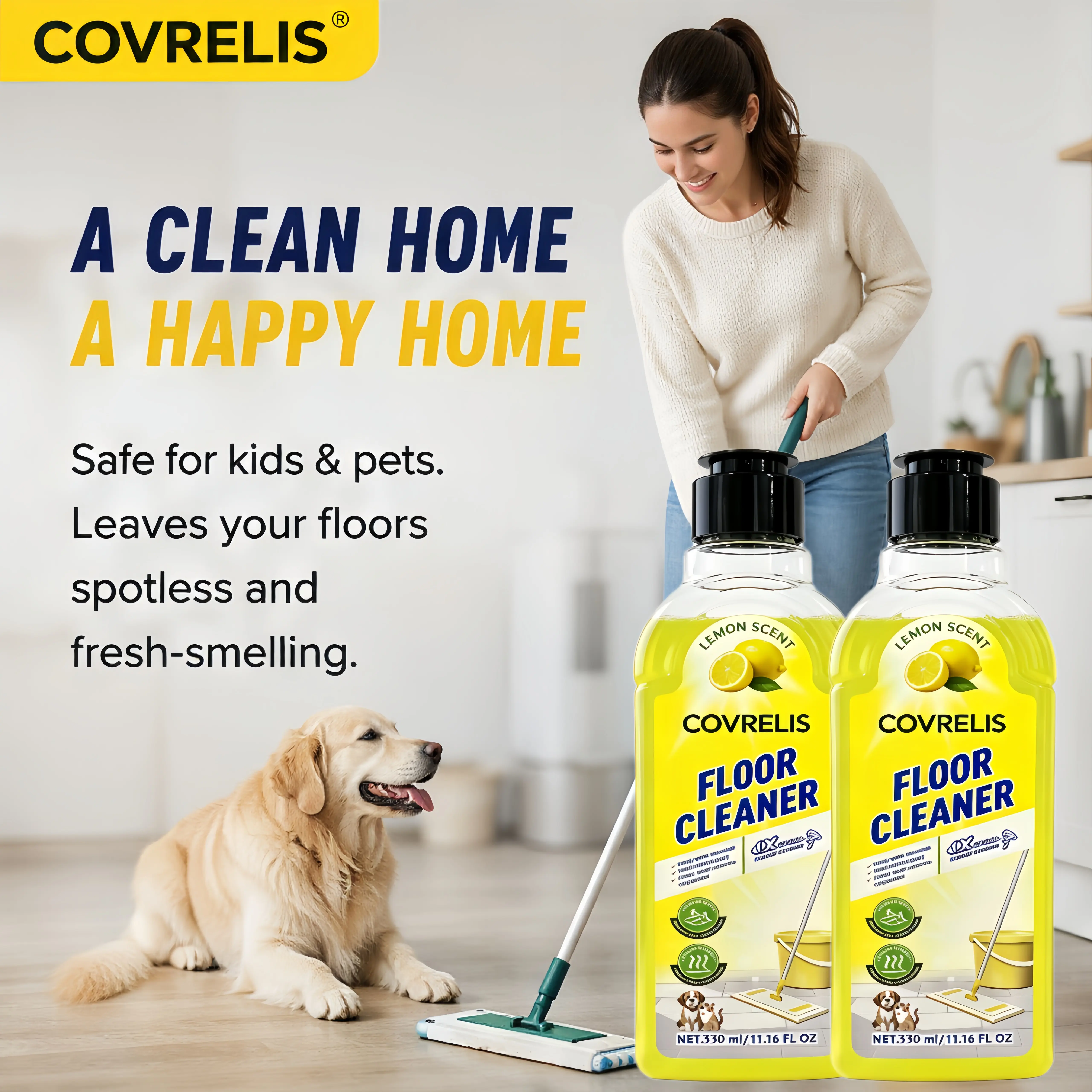 COVRELIS Lemon-Scented Floor Cleaner,quick-drying,deep-cleaning solution for hardwood floors, tile, laminate,and vinyl flooring. It offers antibacterial, deodorizing, andpolishing benefits, and effectively removes pet urine stains.