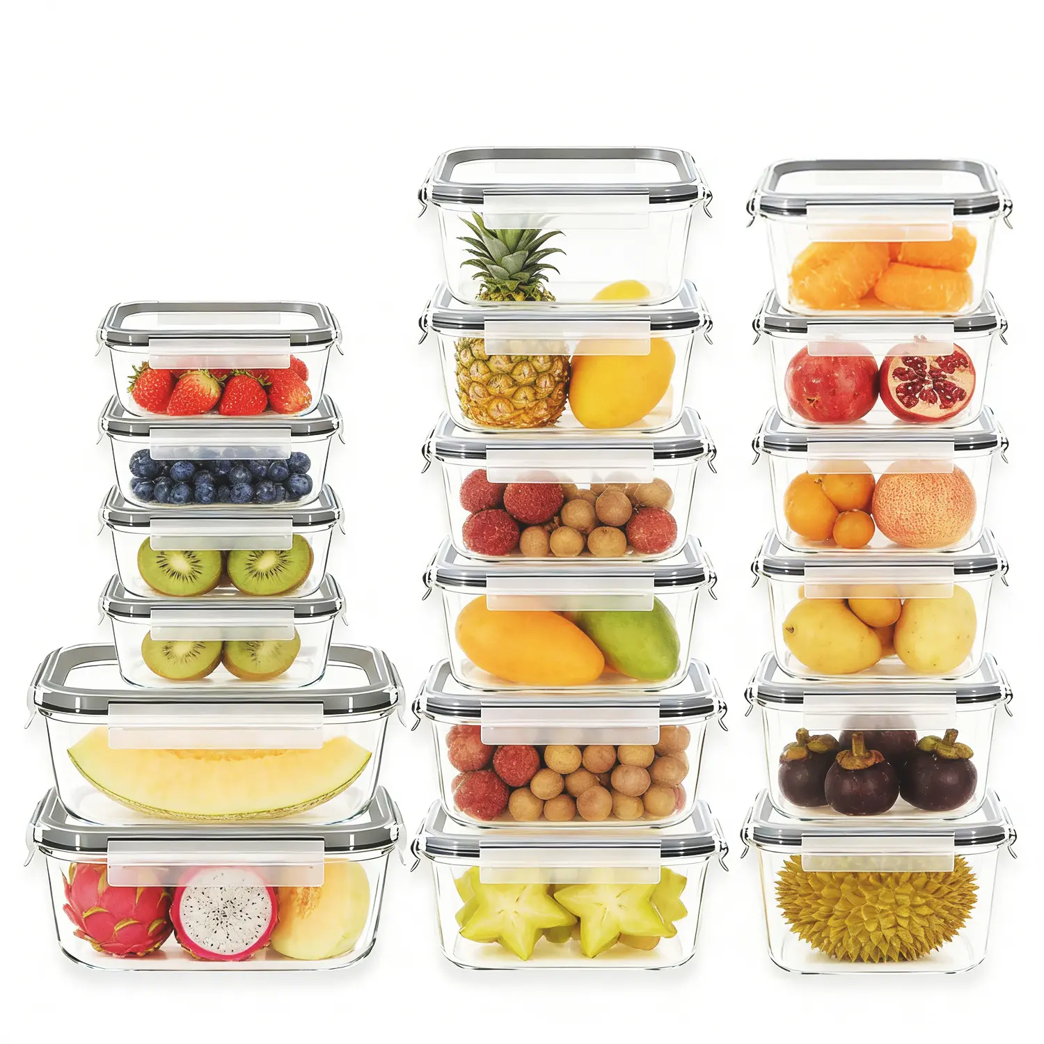 18 Pack Rectangular Glass Food Storage Containers, Airtight Grey Lids & Stackable Structure, Multi-Functional Kitchenware, Oven Microwave Freezer Dishwasher Safe, Large Container For Meal Prep And Daily Food Storage
