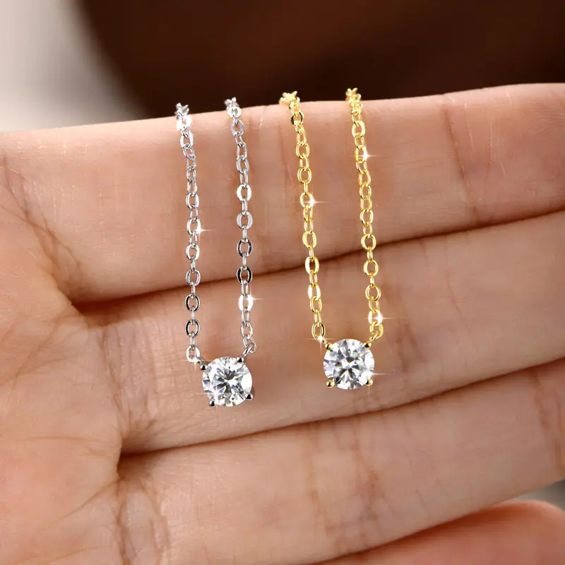 Moissanite Solitaire Necklace – 1 Carat Round Cut Pendant, 925 Sterling Silver Chain, Gold & Silver Finish, Elegant Jewelry for Women