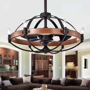 212 MAIN 30 in. Gredis 6-Light Indoor Use Lighted Ceiling Fan Fandelier with Faux-Wood Hoop, Black, Remote Control, Metal-ABS Build, Modern Lodge Style, Includes Installation Kit