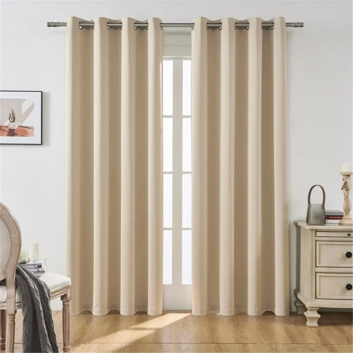 212 MAIN Solid Blackout Grommet Top Window Curtains, 2-Panel Polyester Set (52" W × 96" L, Beige) - Privacy Focus, Ideal for Bedroom & Living Rooms