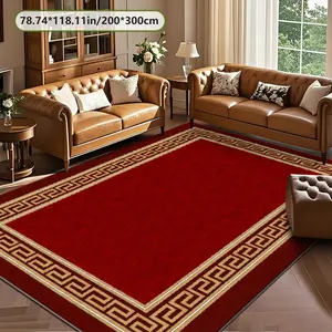 Velvet Soft Comfortable  Red Gold Greek Key Border Rug 2D Printing Rug Fashion Home Decor, Commercial Decor Carpet, Living Room Rug, Sofa Cushion Bedroom Rug, Bedside Blanket Door Entrance Mat, Dining Table Carpet