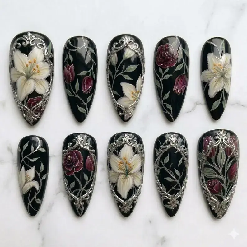 Handmade Gothic Floral Press On Nails | Silver Frame, 3D Lily & Rose Art Design | Dark Vintage Elegant Nails Gift For Her