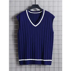 Men's Knit Sweater Vest, Casual V-Neck Pullover with Contrast Black Trim, Solid Color Stretch Rayon Blend for Spring and Fall