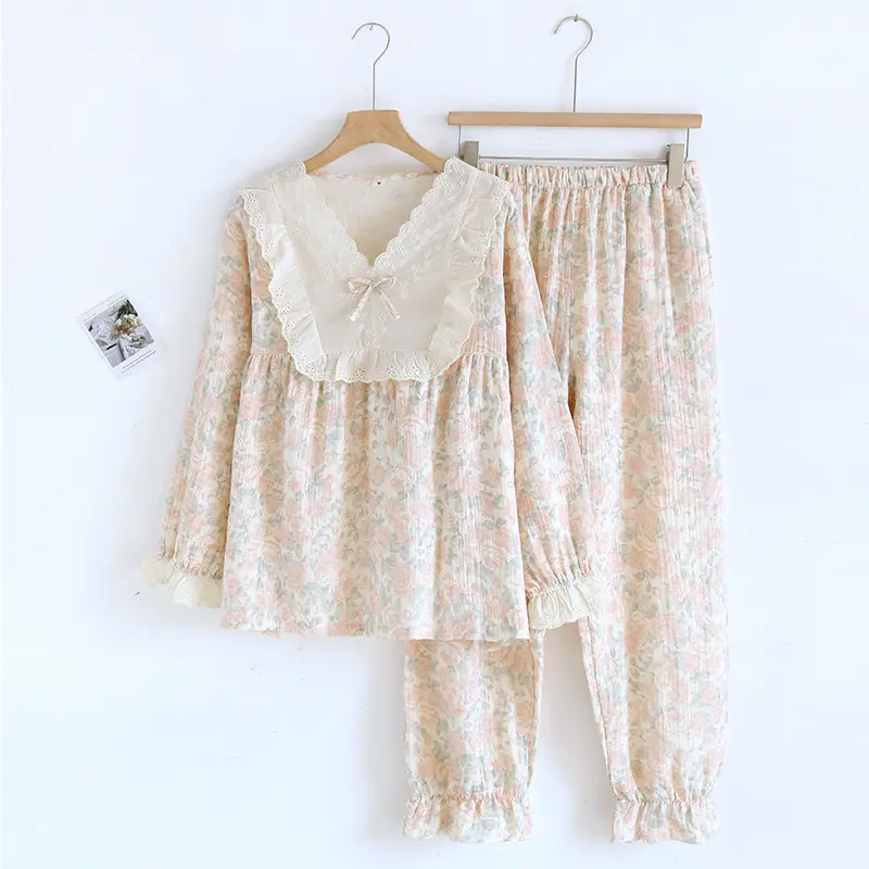 Lace collar sweet orange floral long set