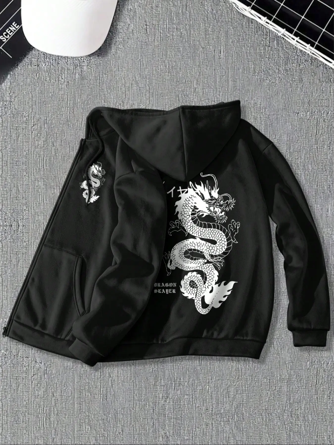 Men's Dragon Graphic Fleece Hoodie Sweatshirts, Winter Warm Casual Jacket, Slim Fit Full Zip Up, Lightweight Long Sleeve with Kangaroo Pocket