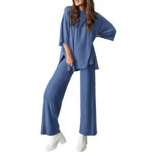 Women’s two-piece short-sleeve pullover with split-leg wide-leg pants, casual set, comfortable pajamas, soft women’s casual pajama set GARMENTARY
