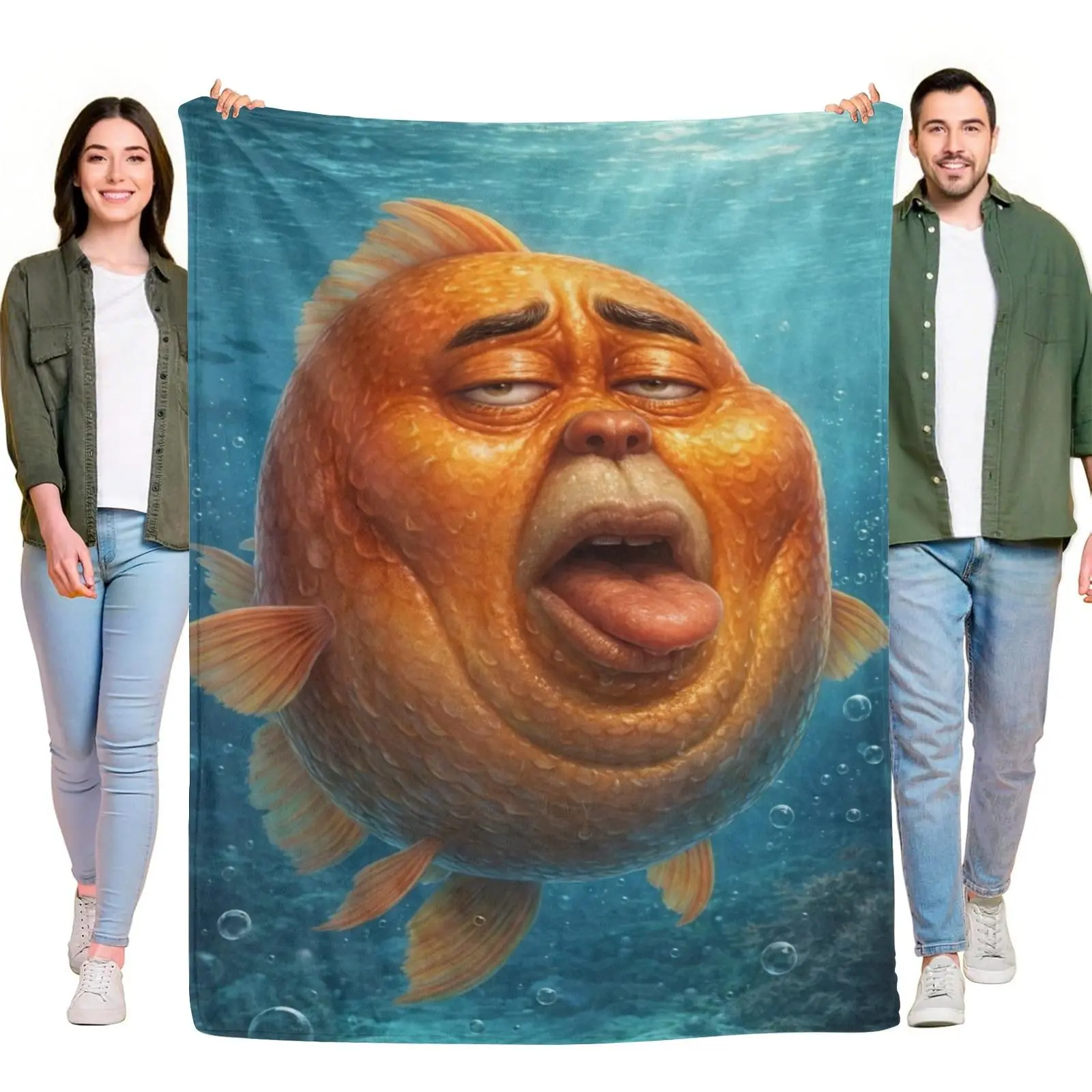 Surreal Human Face Fish Meme Blanket, Fish Faces in Ocean Blue Underwater Art and Strange Comedy Graphics, Printed Flannel Throw with a Soft Feel for Gaming Rooms, Late Night Lounging, Bedroom Relaxing, Couch Laughs and Quirky Home Style