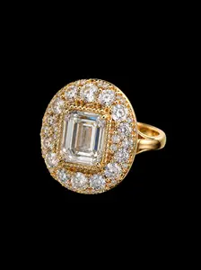 Luxury Lab Grown Diamond Emerald Cut Halo Ring for Women, Gold Tone Sparkling Cocktail Statement Ring