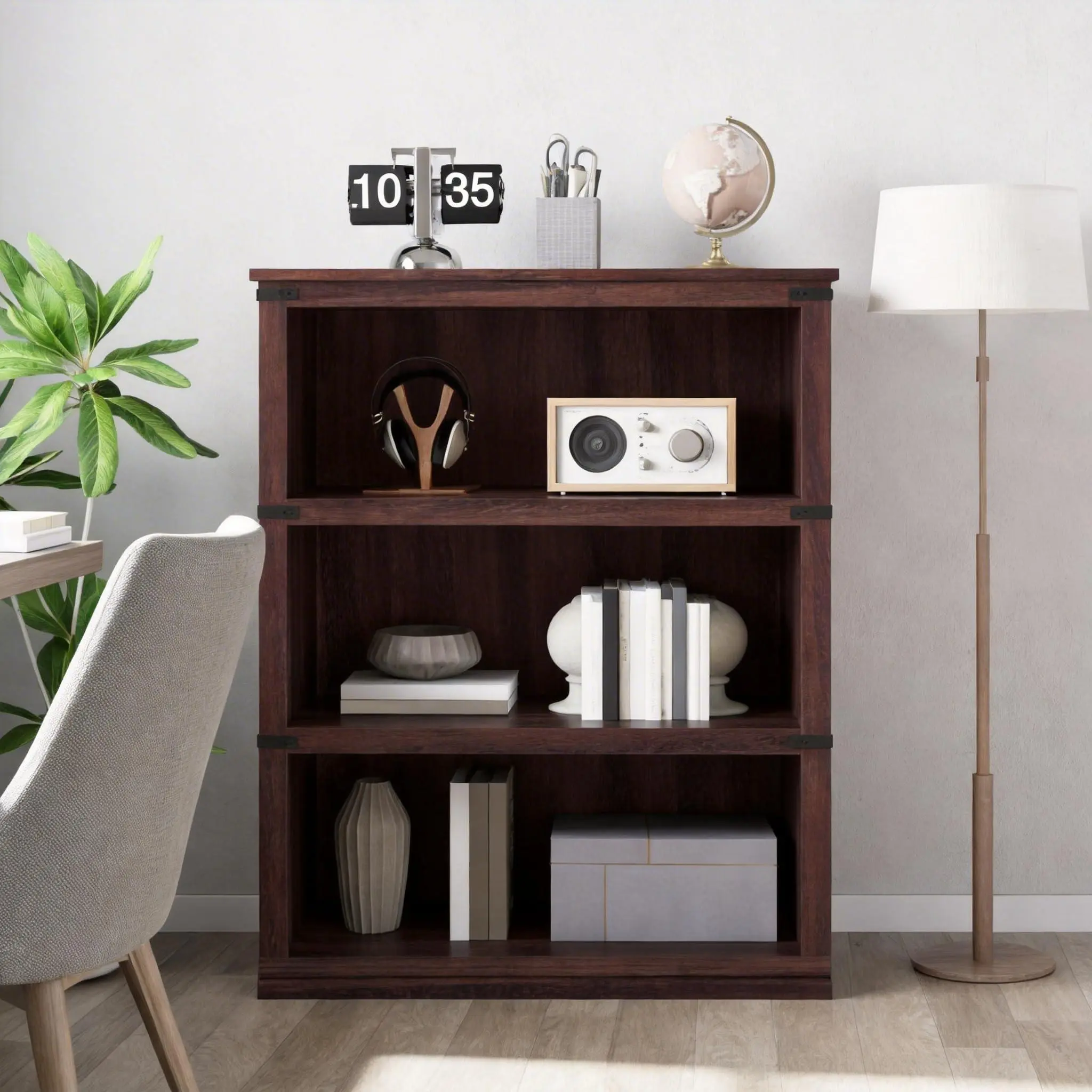 GARVEE 3-Tier Farmhouse Wooden Bookcase with Storage, 3 Shelves Books Organizer for Home Office, Living Room, Walnut, Three Shelves