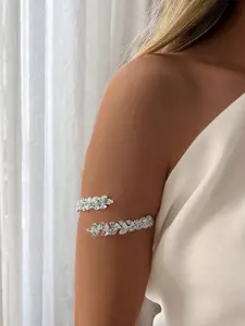 Elegant Silver Color Leaf Arm Bracelet with Sparkling Zircon Decor, Perfect Holiday Gift for Friends, All Season Fashion Accessory, Elegant Jewelry Bracelet
