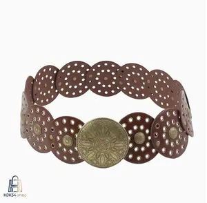 Western Boho Round Disc Faux Leather Waist Belt Vintage Engraved Metal Buckle Rivet Hollow Wide Corset Belt Leopard Solid Color Decorative Cinch Belt for Women Cowgirl Party Dress Outfit Fashion Accessory