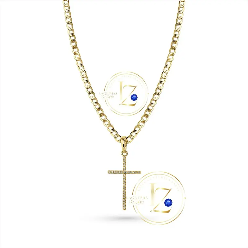 COD2010  Elegant Gold-Tone Cross Pendant Necklace with Blue Stone Accents and Chain Design for Women