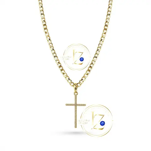 COD2010  Elegant Gold-Tone Cross Pendant Necklace with Blue Stone Accents and Chain Design for Women