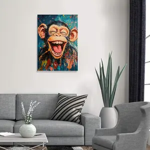 [Happy Smiling Monkey Art] 1pc Dada2913 Abstract Monkey Canvas Art - 11.8inx15.7inch Wood Framed Happy Smiling Monkey Wall Decor