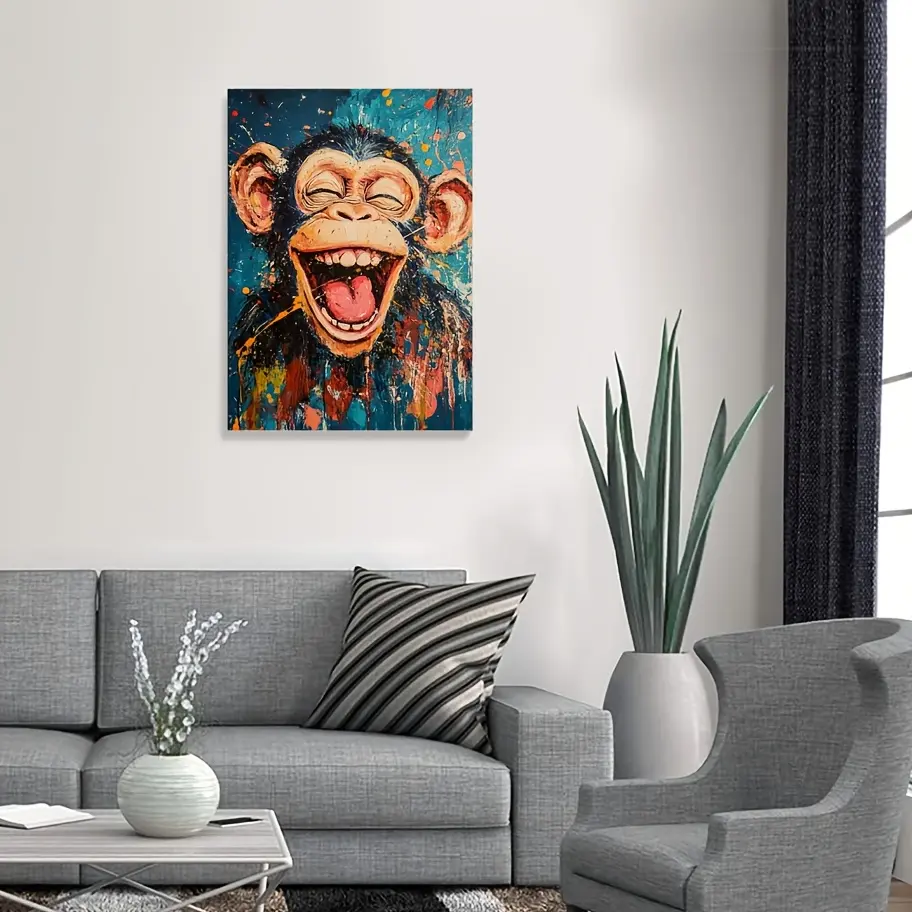 [Happy Smiling Monkey Art] 1pc Dada2913 Abstract Monkey Canvas Art - 11.8inx15.7inch Wood Framed Happy Smiling Monkey Wall Decor